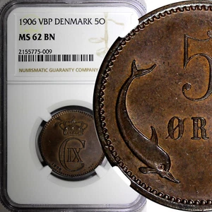 Denmark Christian IX Bronze 1906 5 Øre NGC MS62 BN KM# 794.2 (009) - Picture 1 of 5