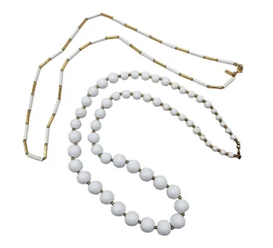 Lot of 2 Vintage Monet Long White & Gold Tone Necklaces  28 to 30 inches Signed - Picture 1 of 6