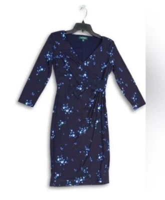Ralph Lauren Dress Womens  Sz 10 Blue Wrap Jersey Knee Length Long Sleeve Floral - Image 1 of 4