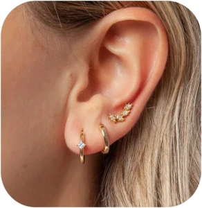 14K Gold Dainty Cartilage Stud Earring Hypoallergenic Flat Back Hoop for Her - Picture 1 of 12