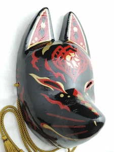 Japanese Ancient Kitsune Fox Mask -Onibi- Hand Painted Komendo Black JAPAN New - Picture 1 of 7