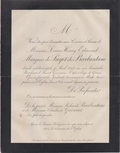 1893 Faire-part décès Henry de PUGET de BARBENTANE (ou BARBANTANE) - Paris. - Picture 1 of 1