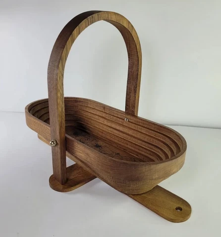 Vintage Handmade Wooden Collapsible Basket Floral Inlay Design Cover