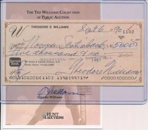 Autógrafo a cheque de Ted Williams Theodore Williams firmado certificado de autenticidad por Claudia Williams - Imagen 1 de 2
