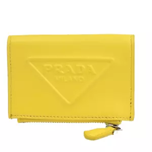 PRADA MILANO Logo Bifold Coin Case Compact Wallet Purse Leather Yellow 33FA304 - Picture 1 of 14