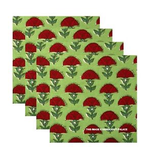 Verde Rojo Mano Bloque Estampado Flores 100% Algodón Tela Servilletas Set Indio