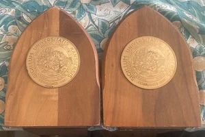 ca.1950’s University of Kansas SEALS Wood & Metal BOOKENDS for Alumni Shelf - Picture 1 of 7