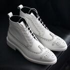 Men Handmade  Shoes White Leather Lace Up Wing Tip & Brogue Ankle High Boots,