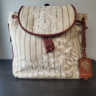 Tommy Bahama Womens Backpack Purse Embroidered Linen Leather Waikiki Excellent  - Image 1 of 4