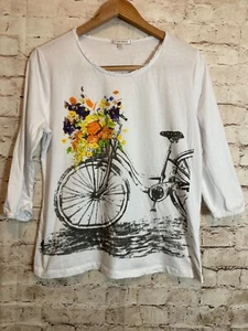 Erin London Top Womens Large White Bicycle Flower Basket Summer Print Cotton - Picture 1 of 14