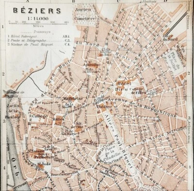 Map Beziers Southern France Rare 1914 Lithograph WW1 Street Mini Sheet DWAA20A - Image 1 of 2