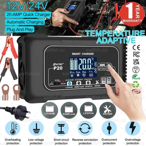20A 12V-24V Smart Battery Charger for Lead Acid LiFePo4 AGM GEL Battery Repair - Picture 1 of 12