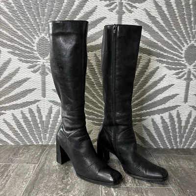 Botas hasta la rodilla de cuero negras Y2K de colección años 90 punta cuadrada tacón bloque minimalista 6,5 Foto 1 de 4