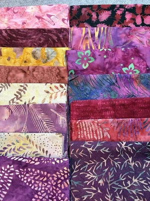 Lote de 20 restos de octavos de grasa Batik tela de algodón púrpura ciruela 9" x 21" Foto 1 de 3