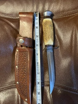 Винтажный немецкий нож Solingen 9 дюймов с 4-дюймовым лезвием из рогов оленя изящные кожаные ножны - Изображение 1 из 4