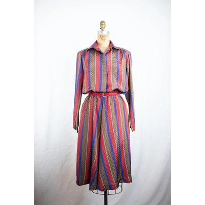 Vintage 80s Striped Secretary Day Dress Autumn Geeky Academia Retro Midi, Small  - Image 1 of 4