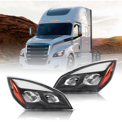 For Freightliner Cascadia 2018-22 Black Halogen Headlights Pair DOT SAE Approved - Image 1 of 4