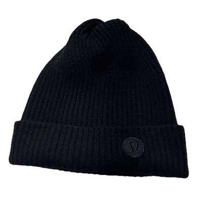 Chapéu gorro de malha Lululemon logotipo 100% lã merino preto com nervuras - Imagem 1 de 4