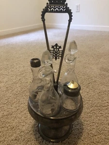 Antique Victorian Castor Cruet Set Silver Plate Plated 5 Glass Bottles Vintage - Bild 1 von 9