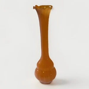 Hand Blown Delicate Glass Flower Vase In Orange Hues Fluted Long Stem Neck 8” - Picture 1 of 3