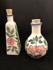 Jar Vase Bottle Decanters Pink Roses Vines- Cork Stoppers- Set of 2