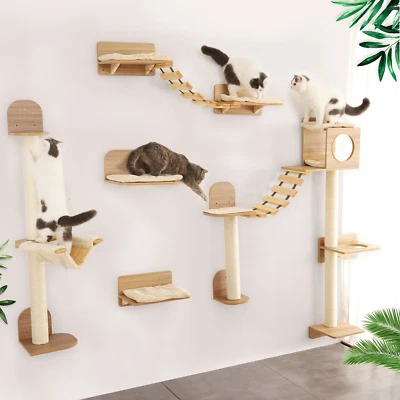 Wall Mounted Cat Climbing Rope Solid Wood Perches Sisal Scratching Indoor - Image 1 of 4