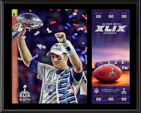 Tom Brady NE Patriots SB XLIX Champs 12" x 15" Plaque w/ Replica Ticket Cover