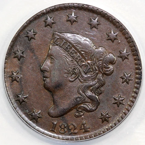 1824 1c N-2 Matron Head Large Cent ANACS EF 40 DETAILS CORRODED Cover