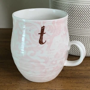 Anthropologie Initial T Coffee Cup Mug Pink Toile Ceramic - Picture 1 of 5