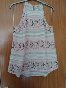 Pretty Papaya Pink Green Floral Stripe Halter Neck Blouse sz16 - Picture 1 of 9