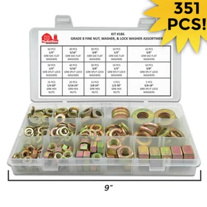 1/4" 5/16 3/8 1/2 5/8 Grade 8 Hex Nuts Flat Split Washers FINE THREAD Assortment - Picture 1 of 2