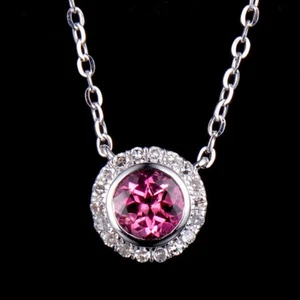 Natürliche runde rosa Turmalin Diamant Schlüsselbein Kette Halskette 14K Weißgold - Bild 1 von 4