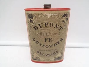 Vintage Dupont Superfine FFg Gunpowder 1lb Empty Tin Paper Label Wilmington DE - Picture 1 of 7
