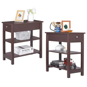 2PCS 3-Tier Side Table Narrow End Table w/Drawer and Shelf for Living Room Brown - Picture 1 of 12