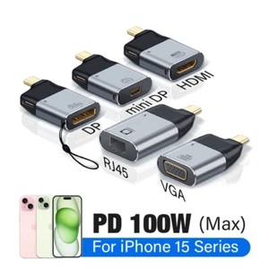 PD 100W Type C USB C to HDMI/ DP/ Mini DP/ VGA/RJ45 Adapter For iPhone 15 16 Pro - Picture 1 of 17
