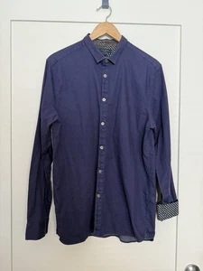 Ted Baker Shirt Men Sz L (5) Navy Blue Contrast Cuff Slim Stretch Preppy Office - Picture 1 of 13