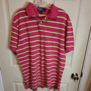 Polo Ralph Lauren Shirt Mens sz L  Pink Green White Striped SS Mesh Polo Golf - Picture 1 of 9