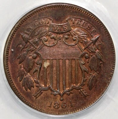1864 2c Large Motto Two Cent Piece ANACS MS 62 RB - Image 1 of 4