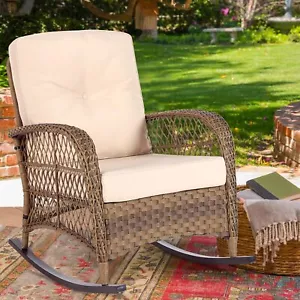 Outdoor Patio Wicker Rocking Chair Rattan Furniture Rocker Chair W/ Cushion - Picture 1 of 75