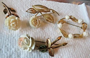 Lot of 4 Brooch Pins Carved Flowers Gold Tn 1 Flower Has Peach Pink Tint / Jade - Picture 1 of 6