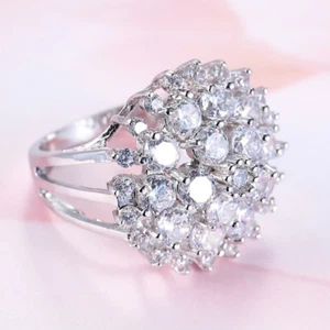 Genuine Flower Shaped Multi Round White Fire Topaz Silver Wedding Ring Size 6-10 - Picture 1 of 6