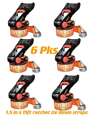 6pc 1.5in x 15ft Ergo Ratchet Tie Down Straps with Double J-Hooks 1,100lbs WLL - Image 1 of 4