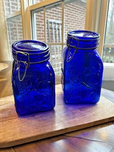 VTG Cobalt Blue Clamp Granny Glass 1879 Jar 2 Pc Canister Set Farm’s Products - Picture 1 of 22