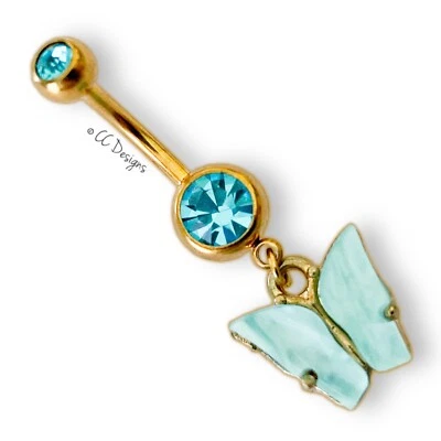 14g золото IP блестящий синий aqua cz подвеской камень бабочка жук живота кольцо (B64) - Изображение 1 из 2