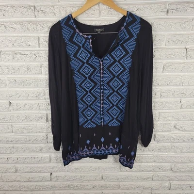 Lucky Brand Womens Top 3X Plus Tunic Roll Tab Sleeve Blue Geometric Embroidered - Image 1 of 4