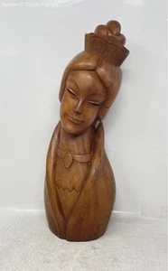 Brown Floral Carved Asian Woman Bust Sculpture Wood Handmade Figurine - Picture 1 of 8