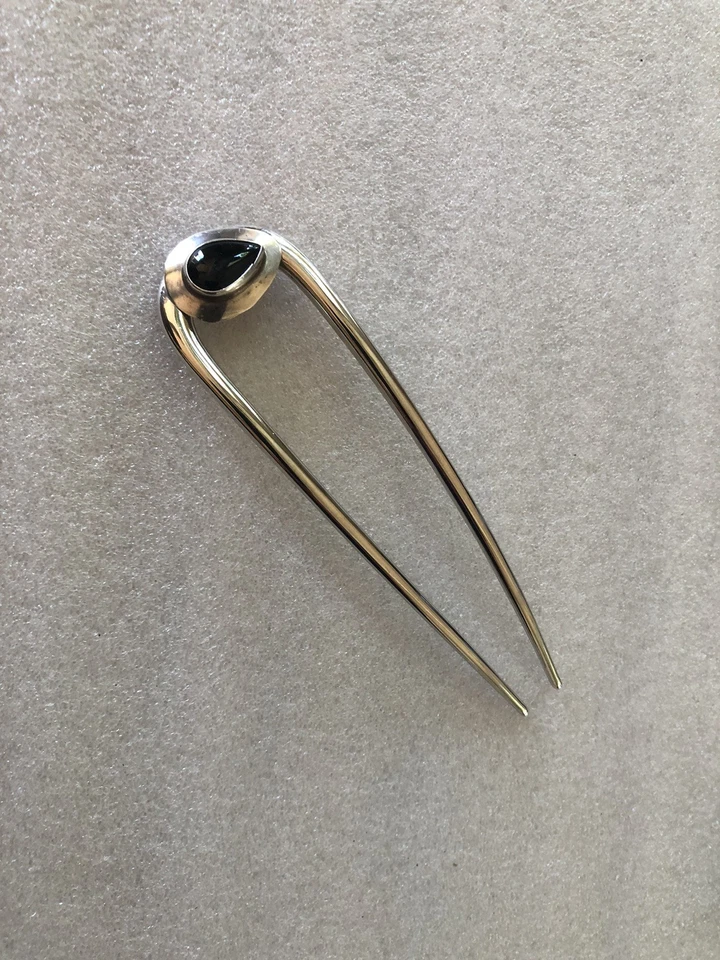Vintage Jewelry 925 Silver Black Onyx on a 5” Kit-sch U-Pin Hairpin #H15 - Image 1 of 4