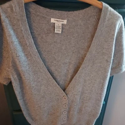 Vertigo Paris Med Wool Angora Blend  Gray Deep V-Neck Cowl Neck Knit Sweater Top - Image 1 of 4