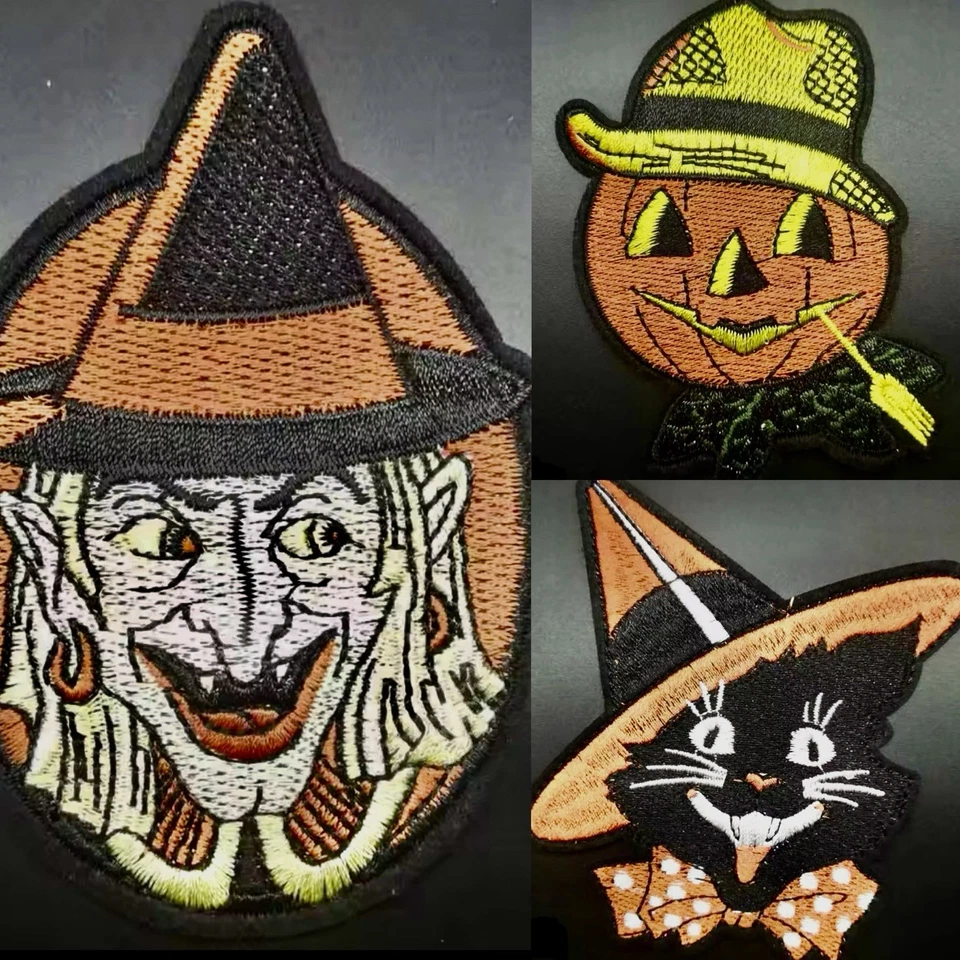 🔥3pc Vintage Style Halloween Iron On Patch SET WITCH, CAT & PUMPKIN Beistle VTG - Image 1 of 4