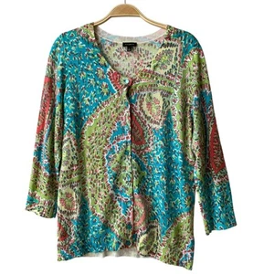 Talbots Cardigan Sweater Women Large Blue Green Paisley Button Front Beach - Picture 1 of 9